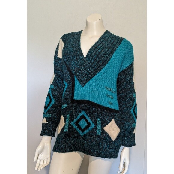 Vintage 80s Bold Geo V Neck Sweater M Tunic Sparkle Teal Acrylic Blend - Picture 1 of 5